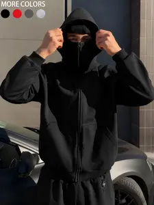 Men's Ninja Hoodie Y2K Sportswear, Street Style Mask Sweatshirt, Windproof Double Layer Hooded Jacket, Fall Winter Casual Fitted Pullover, Athletic Techwear