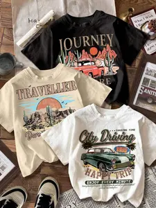 Women's Vintage Car & Cactus Print Round Neck Tee, Casual Short Sleeve T-shirt for Summer, Ladies Clothes for Daily Wear