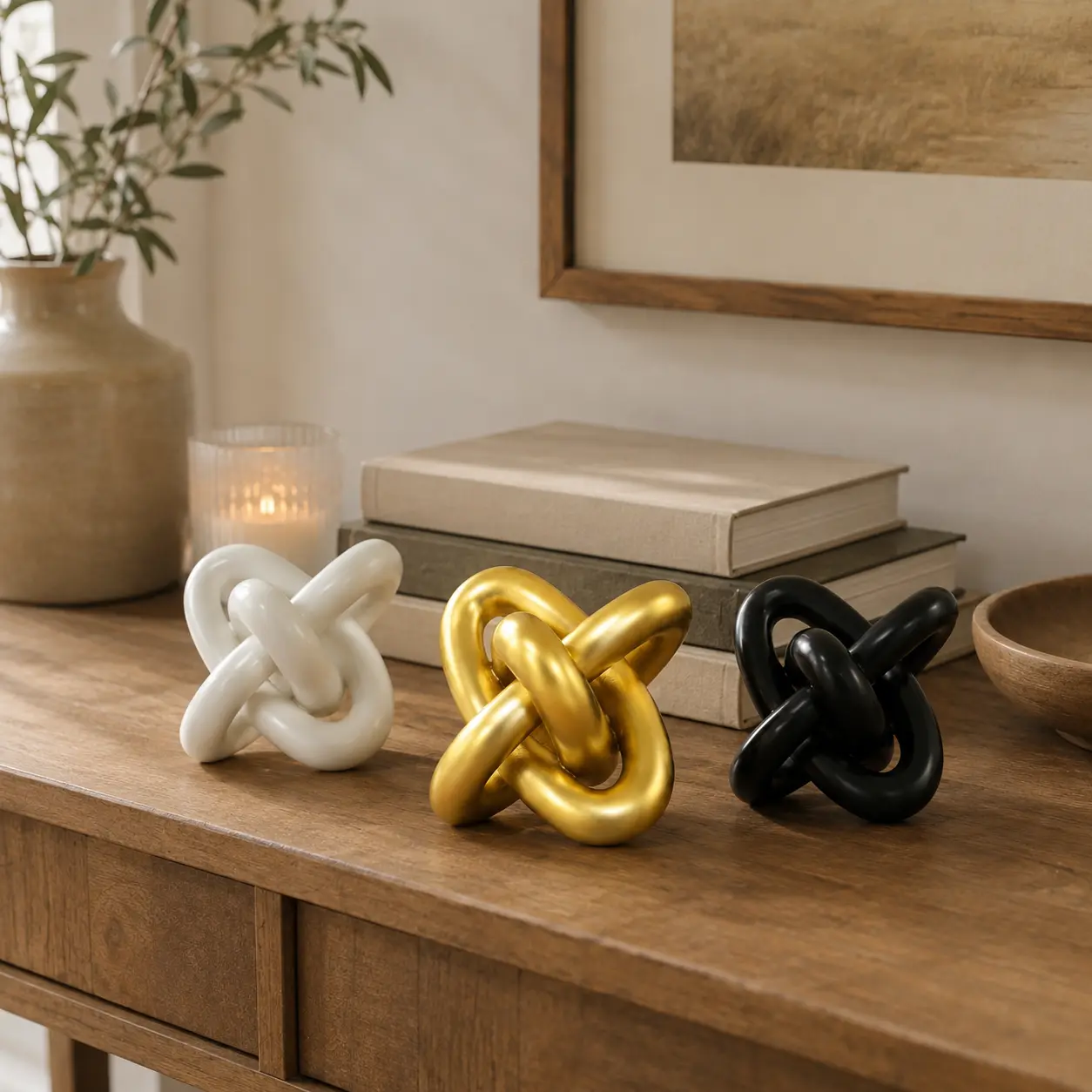 3 Link Resin Knot Decor Rustic Home Décor Accents Hand Carved Coffee Table Decoration, Boho Chain Link Decoration, Modern Shelf, Rustic Objects for Home Living Room Bedroom(Black)