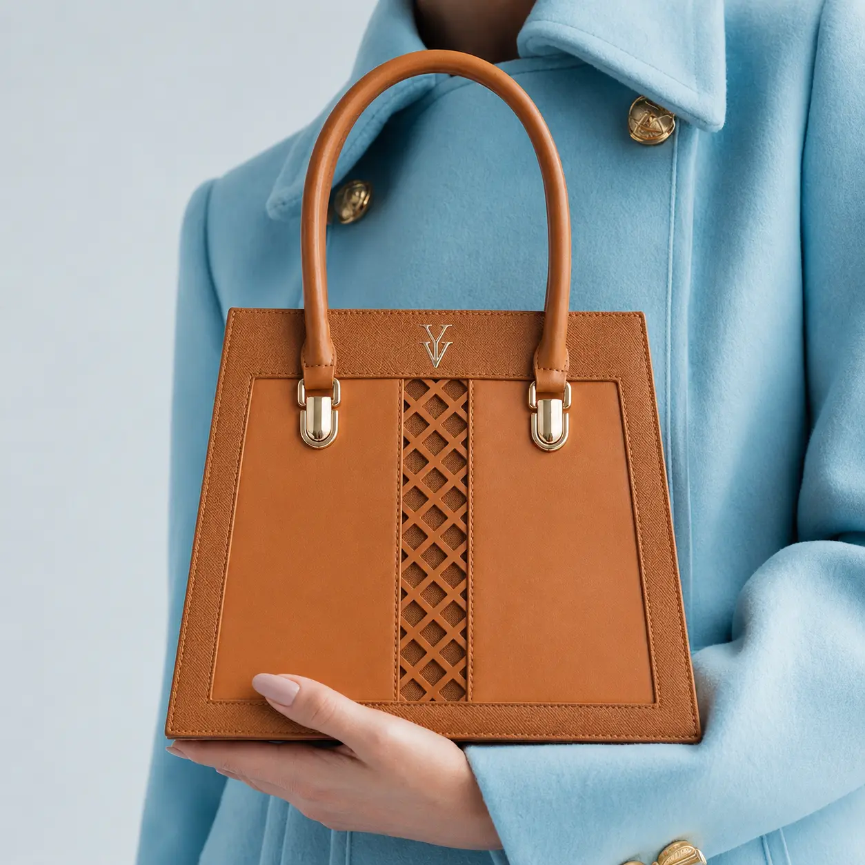 Yahn Vanziano CLEMENTINE Genuine Leather Handbag with Lattice Detail and Shoulder Strap