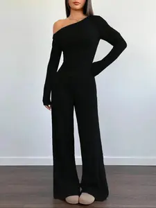 Women's Fall Winter Knit Fitted Long Sleeve Top and Wide Leg Pants Set, Womenswear, Casual Comfort Homewear, Basic, Plain Two-Piece, Co Ord Cozy Lounge Fashionable Design, Ideal Gift Choice, Outfit, Clothes