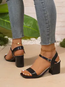 A pair of versatile square toe block heel sandals with two straps, comfortable heel height for daily wear, suitable for casual outings, coffee runs, weekend errands, easy to pair with jeans, skirts, shorts, elevate any everyday outfit effortlessly.
