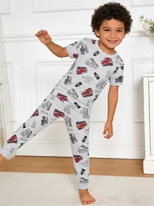 Boys' 2-Piece Cool Fire Truck Print Short Sleeve Long Pants Tight Homeewear Sleepwear Set, Casual All over Print