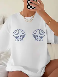 Women's Summer Casual Round Neck Short Sleeve T-Shirt, Shell Slogan Print, Beach Vacation Clothing, Loose-Fitting Animal Pattern