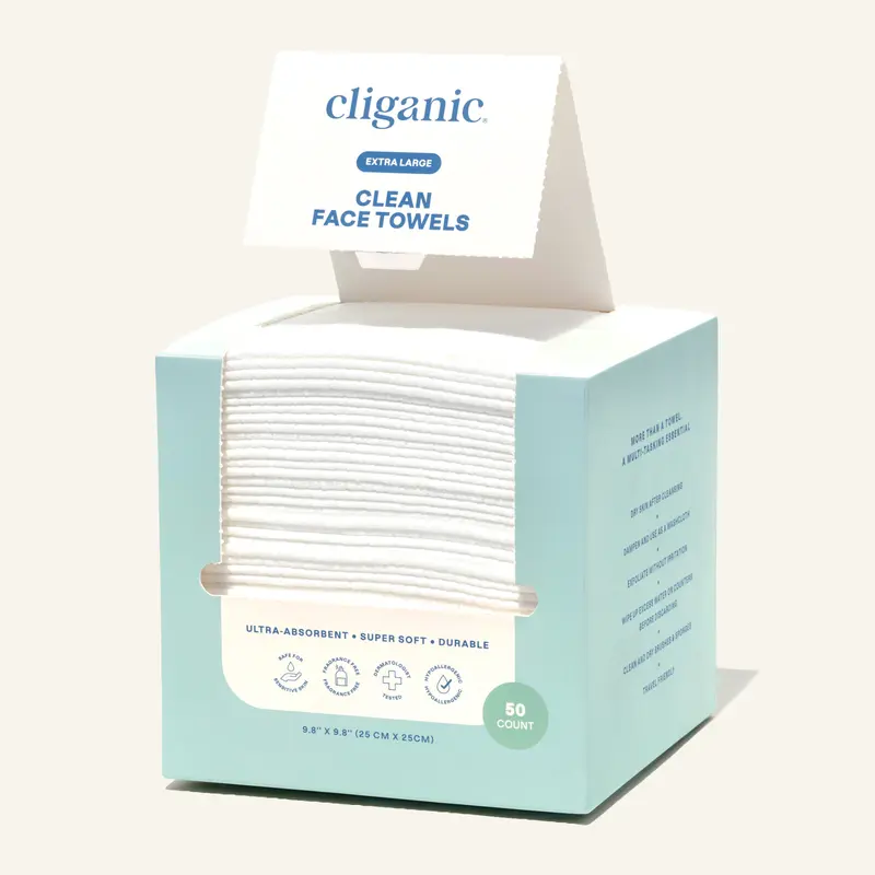 Cliganic Clean Face Towels XL, Disposable, Ultra-Absorbent, Hypoallergenic & Soft - Makeup Remover Dry Wipes, Pamper Your Face, Feel Fresh & Radiant, Hygienic Towelettes, for All Skin Types (50 Ct) Box