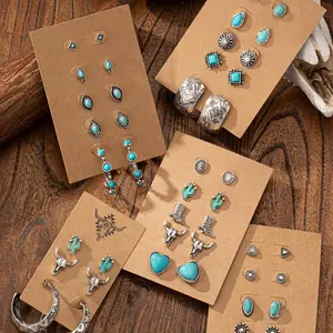 Women's Boho Style Turquoise Texture & Heart & Geometric & Animal Design Stud Earrings, Vintage Trendy Stud Earrings, Fashionable Jewelry for Women for Daily & Party Decoration