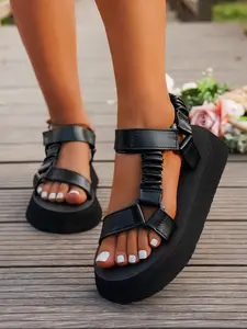 T-Strap Elastic Ankle Strap Platform Sandals, Women's Open Toe Black Summer Casual Footwear