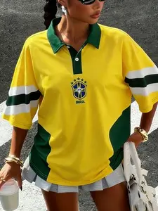Women's Brazil Football Polo Shirt, Unisex Vintage Street Style with Star Emblem & Striped Sleeves, Perfect for Game Day & City Walks