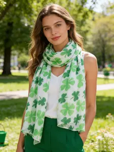 St Patrick's Day Gift, Clover Print Long Scarf, Irish Spring Floral Lightweight Balloon Shawl, Party Outdoors Spring Wrap