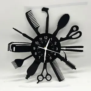 Barber Vinyl Wall Clock,Black Retro Vinyl Barber Shop Decor with Scissors, Comb & Hairdressing Tools - Decorative Timepiece for Salon, Man Cave, Home - Ideal Gift for Barbers