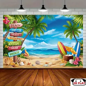 2D Flat Banner 1pc, Tropical Hawaiian Beach Party Backdrop Banner - Vibrant Decor Palm Trees, Surfboards & Sandy Beach Scene - Perfect Home, Room, Wall, Party Photo Props - Ideal Summer, Beach - Themed Eve