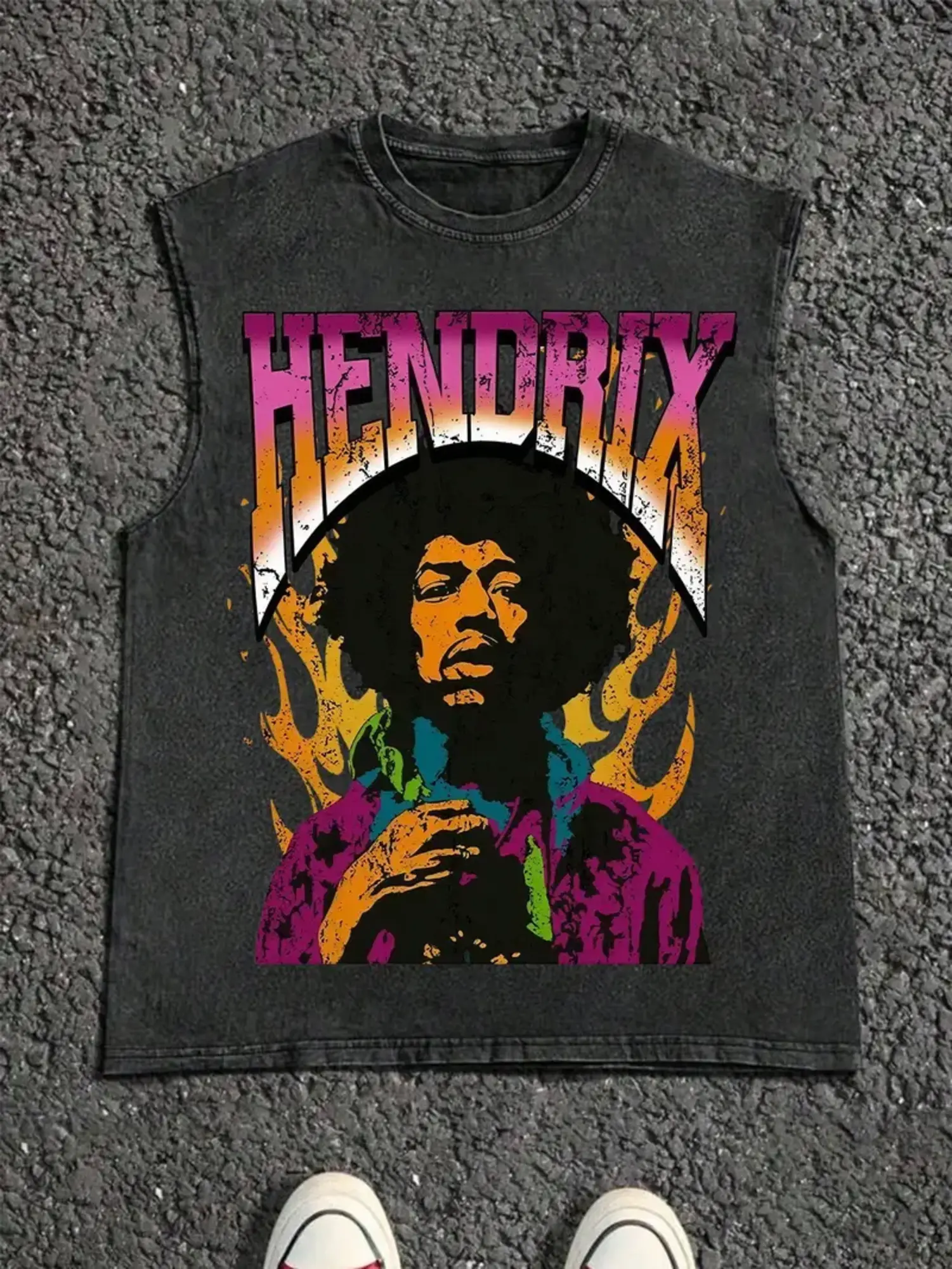 Retro Washed Black Oversized Tank Top, Psychedelic Rock Star Portrait & Flame Graphic Print, Casual Sleeveless Streetwear for Men & Women, Loose Fit for Outdoor & Daily Wear