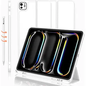 iPad Pro 13 Inch Case M4 (2024) with Pencil Holder, [Support Pencil Pro and Pencil (USB-C)],Trifold Stand Smart Case with Soft TPU Back, Auto Wake/Sleep (White)