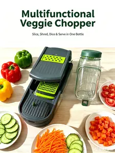 Multifunctional Vegetable Chopper - Fast-Cutting Kitchen Utensils with 7 Blades, Strainer, Storage Container, Cheese Slicer, Veggie & Fruit Cutter, Professional Onion Dicer for Salad, Potatoes, Garlic
