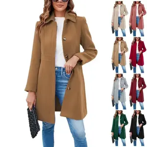 Women's Elegant Single Breasted Coat Long Sleeve Mid Wool Overcoat Work Office Pea Coats