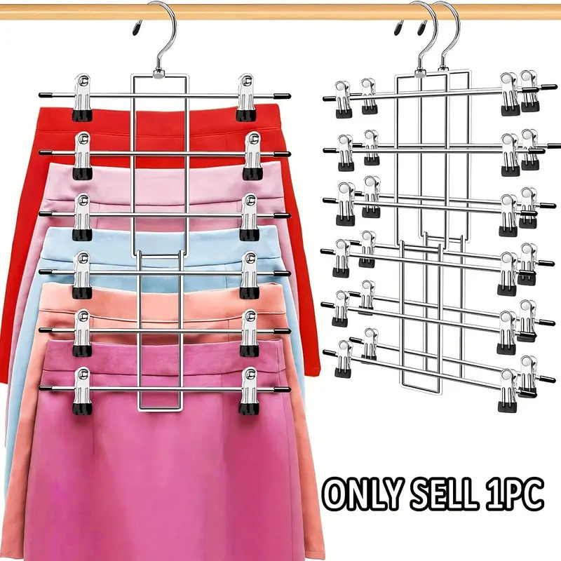Space-Saving Foldable Metal Pant Hanger with 6 Adjustable Clips, Multi-Layer Storage for Dresses Bras, Clothes Hanger, Yoga Pants Hanger, Ideal for Dorm Closet Small Spaces, Foldable Hangers
