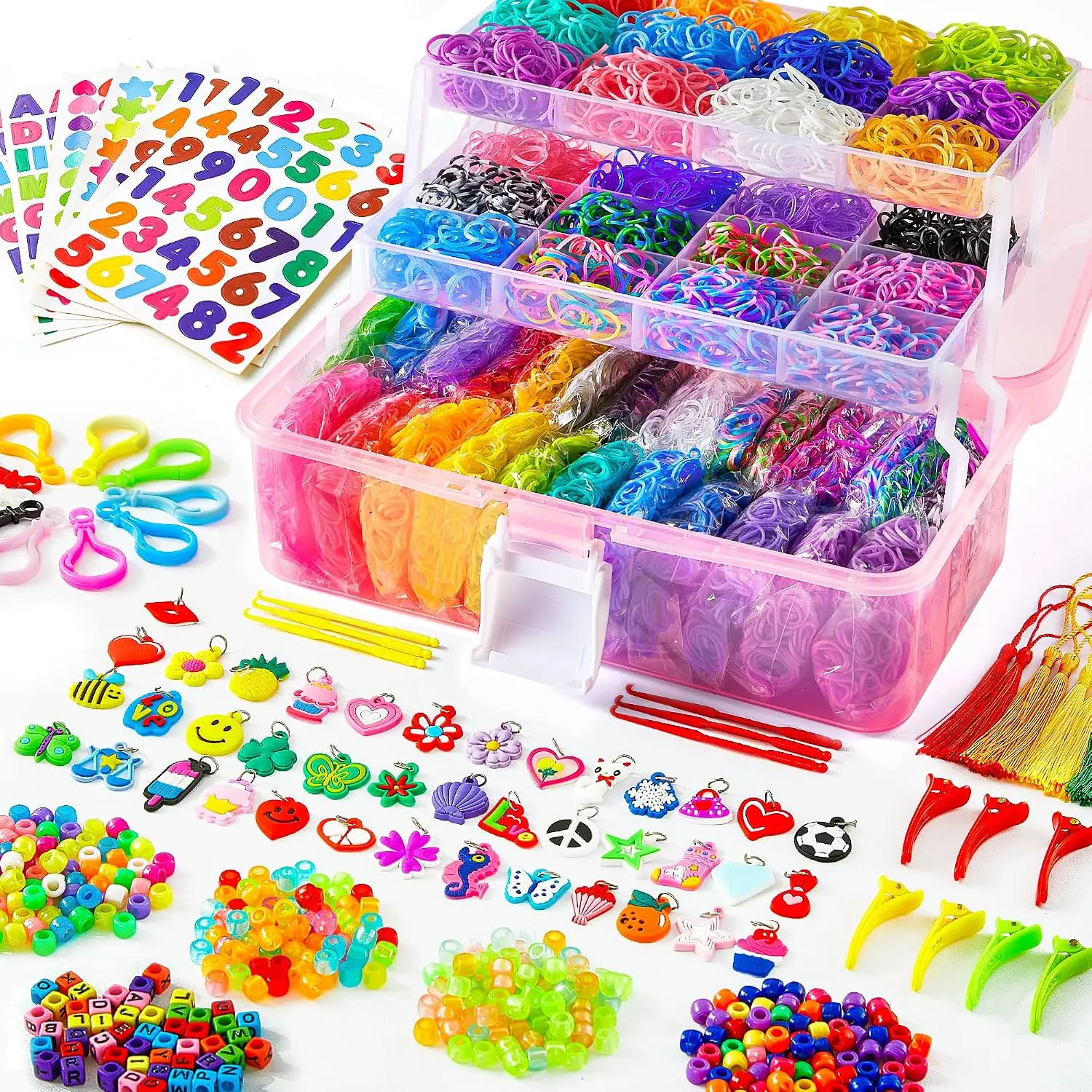 17500+ Rubber Loom Bands with 3 Layer Pink Container, 28 Colors, 600 S-Clips, 352 Beads, 40 Cartoon Pendant, Bracelet Making Refill Kit for Kids