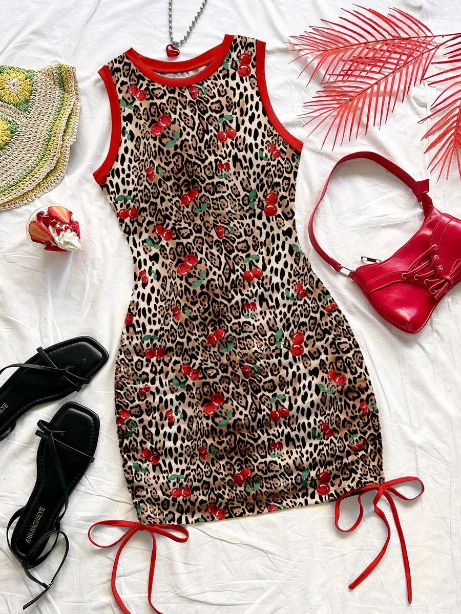 Plus Size Women Leopard & Cherry Print Sleeveless Dress Chic Dresses For Holiday Outfits Summer Birthday