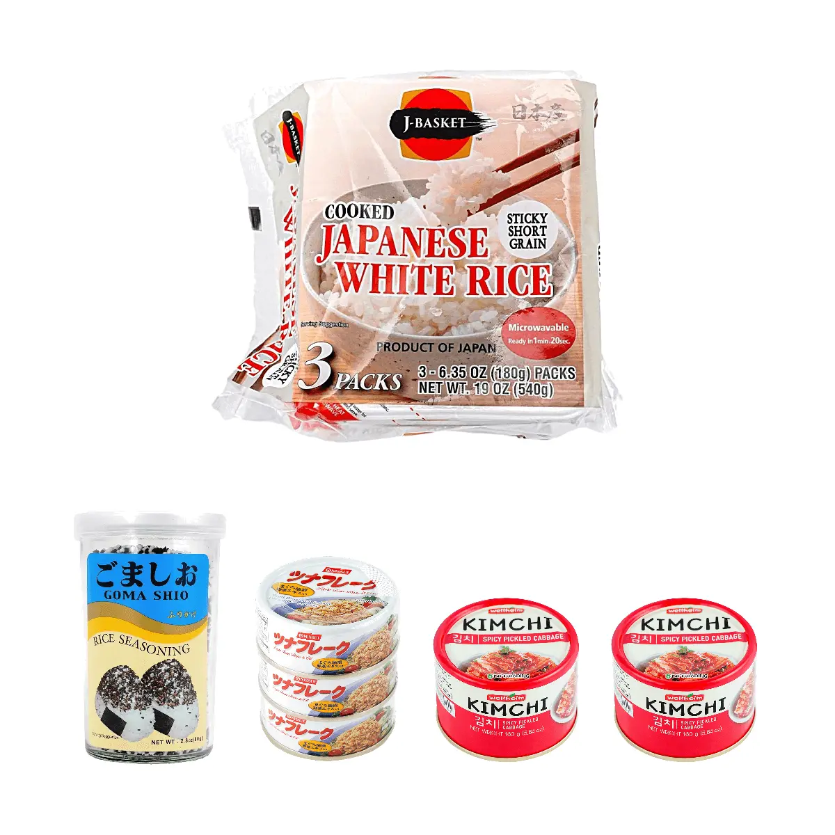 NISSUI TK Tuna Oil Canned 3pk + NONGHYUP Kimchi 3pk + J-BASKET Instant Rice + AJISHIMA Sesame Salt Rice Seasoning - 4pc Value Combo Pack, High Protein, Spicy Kimchi, Quick Meal Rice, Japanese Rice Topping