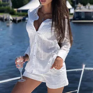 Women's Eyelet Embroidery Buttoned Top & Pocket Design Shorts Set