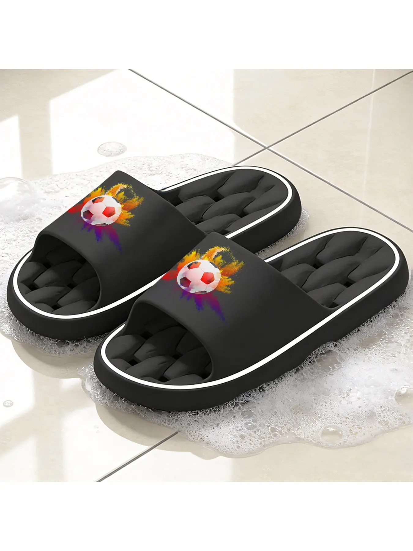 Soccer-Themed Hollow-Out Slippers for Men and Women, Summer Outdoor Beach Slides with Trendy Color Powder Explosion Design, Soft-Soled Hole Slippers for Both Indoor and Outdoor Wear, Non-Slip Wear