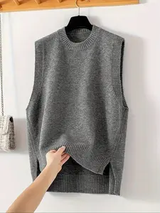 Women's Plain Knit Vest, Spring & Fall Casual Fitted Sleeveless Round Neck Sweater, Daily Wear Clothing for Ladies