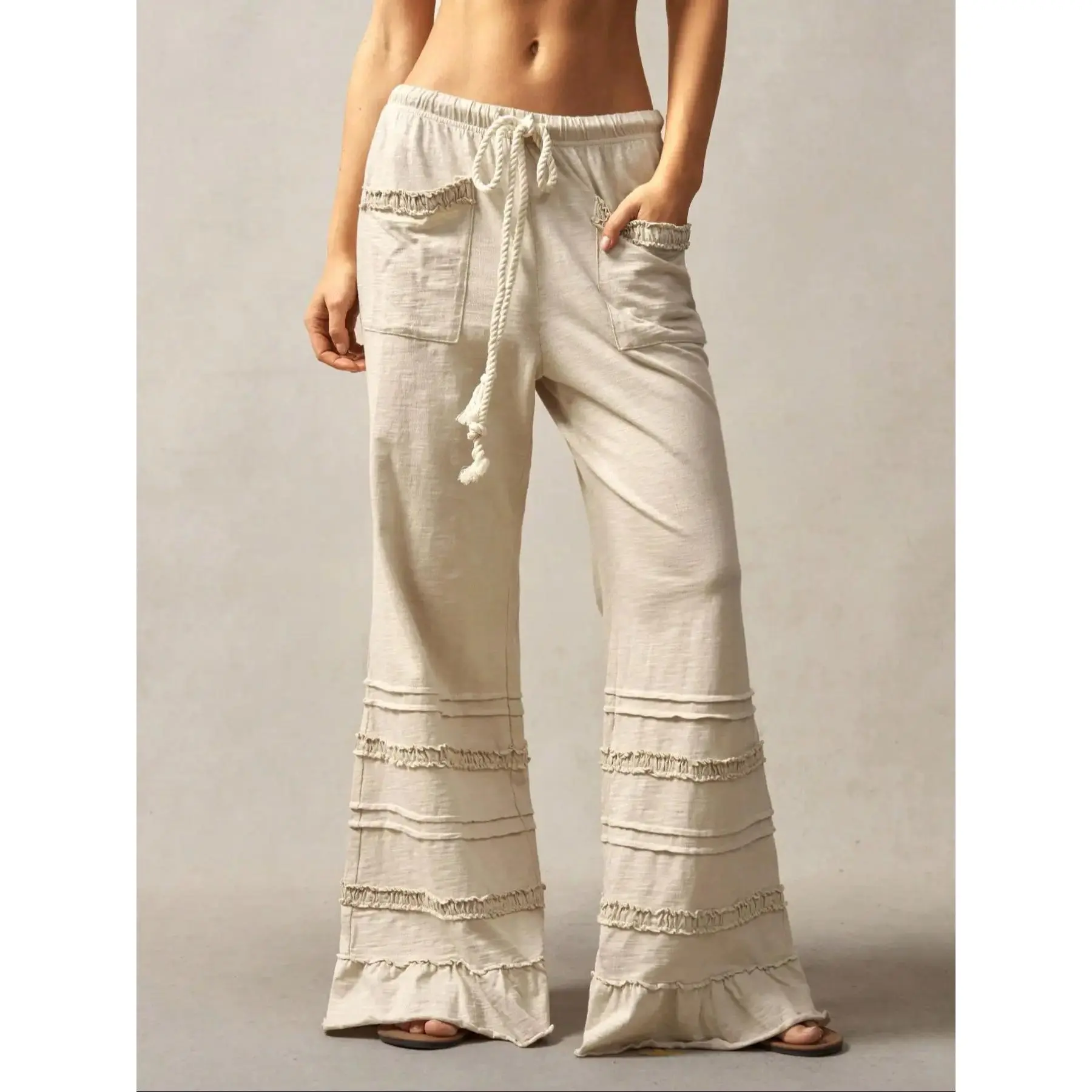 Women's High-Waisted Casual Bottoms - Full-Length Rayon Plain Weave Baggy Wide-Leg Pants with Pockets, Elastic Drawstring Waist, Machine Washable, Lightweight, Ruffle, Dry Clean, Woven
