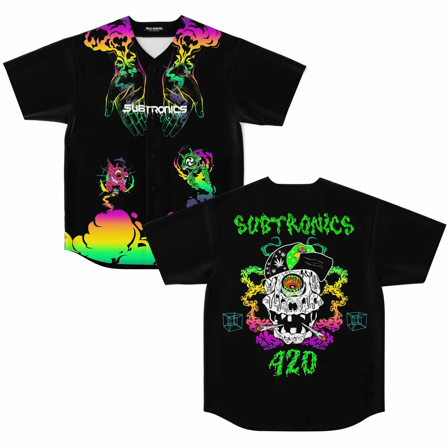 Subtronics Baseball Jersey, 420 Cyclops Skull Rainbow Smoke Shirt, Heavy Dubstep Basshead Headbanger Merch, Lost Lands EDC Festival Outfit, Trippy Weed Graphic Button Down Top, Cyclops Army EDM Music Lover Unisex Rave Apparel