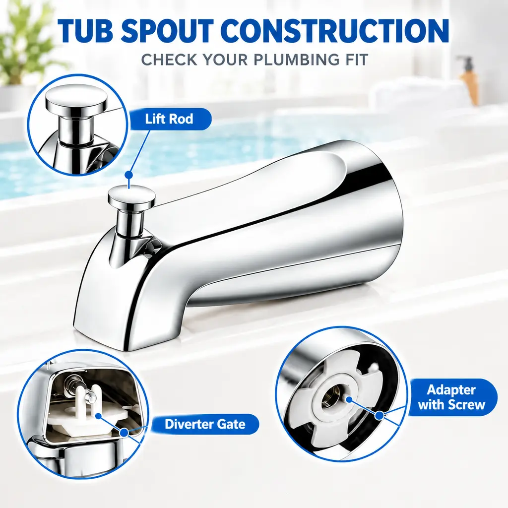 Copper Body Bathtub Spout, 5.2" Length Low Noise Shower & Bath Tap, Leak Repair Replacement for Old/Malfunctioning Spouts with Complete Accessory Set, Steady Stream Performance