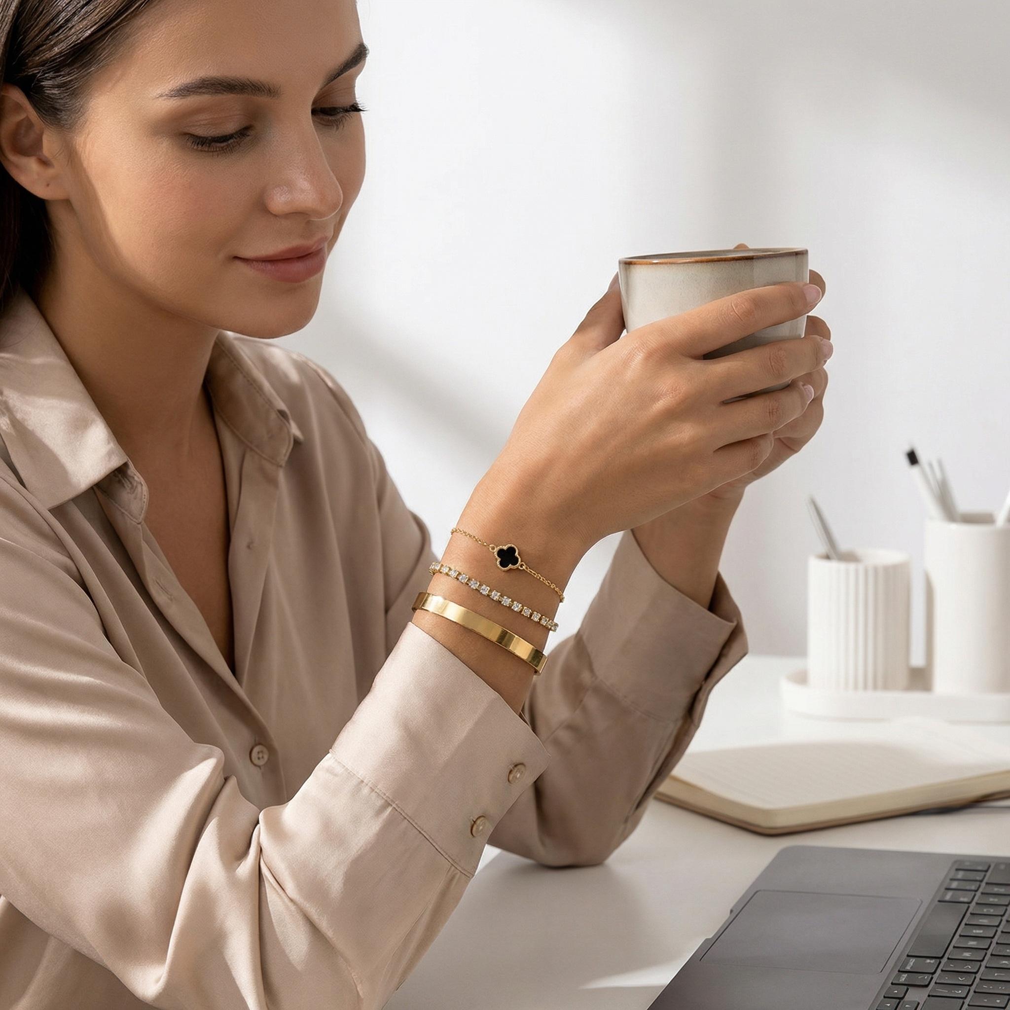 three-piece set Gold Multi Chain Bracelet Set Luxury Stackable Bracelets with Shiny Wide Metal Chain Rhinestone Thin Chain and Five Leaf Clover Pendant for Women Five Leaf Clover Gold Bracelet  Stackable Gold Bracelet for Women