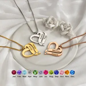 AS1801 Customized Engraving Name Double Love Pendant Stainless Steel DIY Birthstone Necklace Men's and Women's Gifts