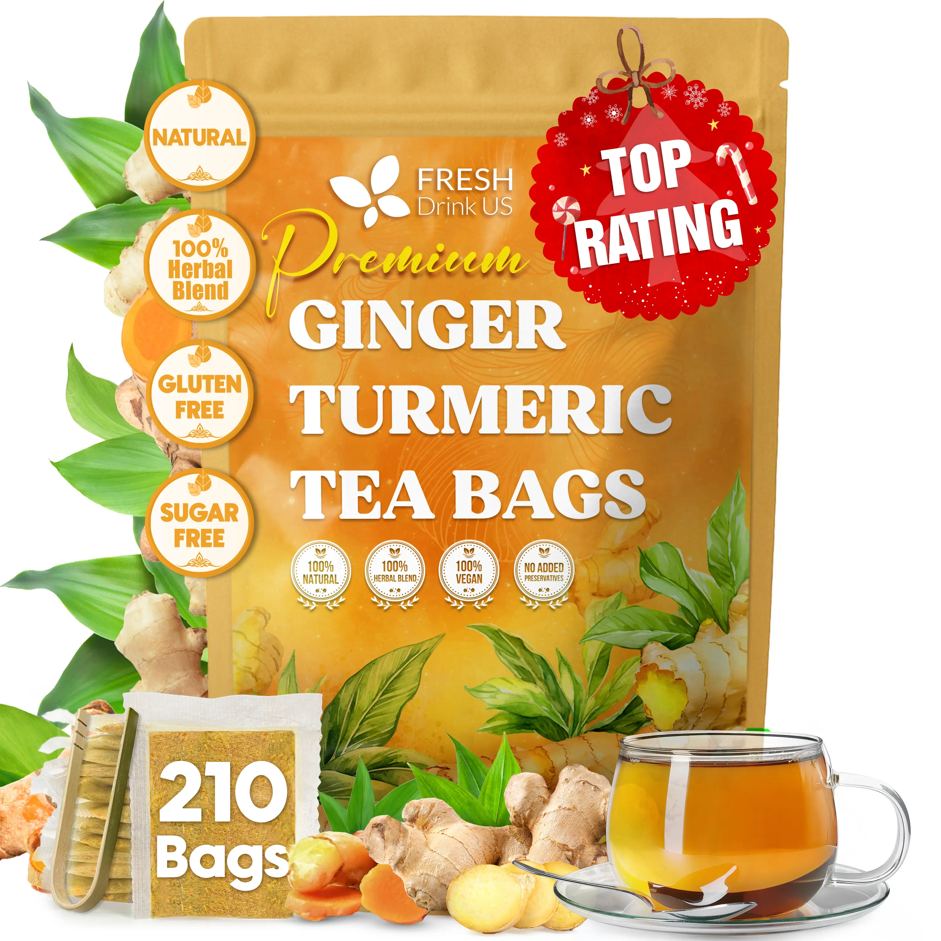 【FreshDrinkUS】 Premium 210 Turmeric Ginger Tea Bags, 100% Natural Ingredients, Hand-made Blend of Turmeric and Ginger, Eco-conscious Tea Bags. Turmeric Ginger Herbal Tea. No Sugar, No Caffeine, No Gluten, Vegan. ginger caffeine free Beverage