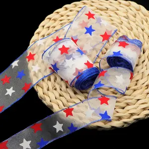 5 Yards/1Roll Retro Patriotic Ribbon Suitable for Fourth of July - Red White Blue Star Organza Ribbon with -Winding Widths (50mm) for Independence Day Crafts, Wreaths, Bows, Party Decorations - Pre-Cut for DIY Gifts，party decoration