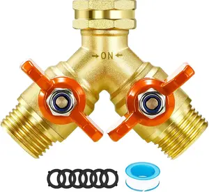 Upgrade Full Flow Garden Hose Splitter with Stainless Steel Handle, Brass Heavy Duty 2 Way Y Valve Garden Hose Splitter High Flow Spigot Splitter + 6 Rubber Hose Washers with Comfort Grip Use