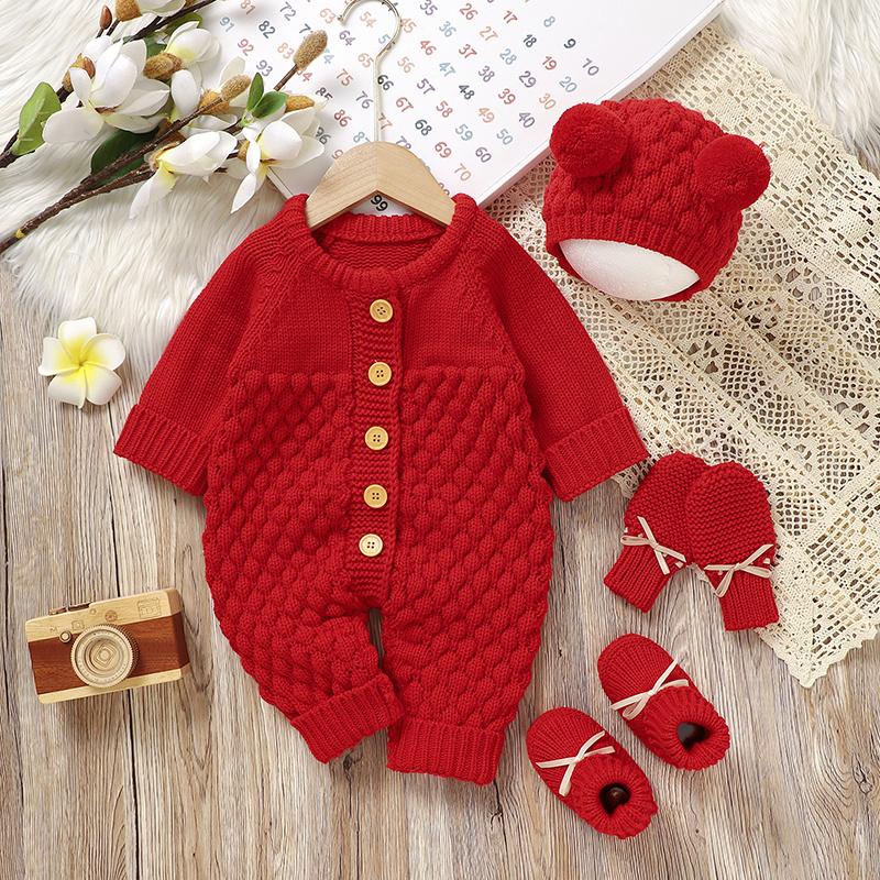 MIMIXIONG Baby Romper Set with Matching Shoes Hat and Gloves in Red Knit Design for Infants