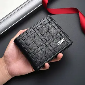 [Sleek Leather Wallet] Compact High-Capacity Men's Faux Leather Wallet |   Sleek Black Design with Multiple Card Slots, Textured Geometric Pattern & Star Clasp, Elegant Metallic Clasp, Durable