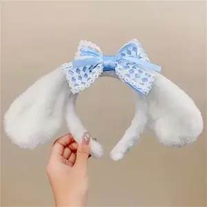 Cute Cartoon Dog Ear Headband with Blue Bow Design, Soft Plush Material, Perfect Gift for Women & Girls, Ideal for Daily Wear & Special Occasions