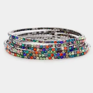 6 Multi-Color Rhinestone Stretch Pageant Bracelets on Silver  | Fun Fashion Bracelets |  467626