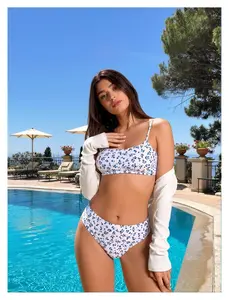 Floral Bikini Set - Strapless Swimsuit for Women - Blue White Flower Bathing Suit - Padded Two Piece Beach Wear - Adjustable Tie Side Bikini Top & Bottom