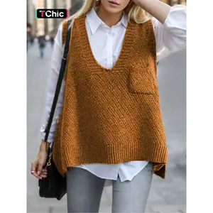 Women’s solid-color high-low hem V-neck sweater vest with pockets, casual sleeveless jumper vest for everyday wear, ladies’ knitwear for all seasons, chic elegant vest