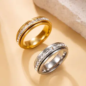 Anxiety Rings for Women and Men Titanium Steel Spinner Fidget Band Rings with Cubic Zirconia for Stress Relief and Wedding Promise Comfort Fit Size 6 to 10