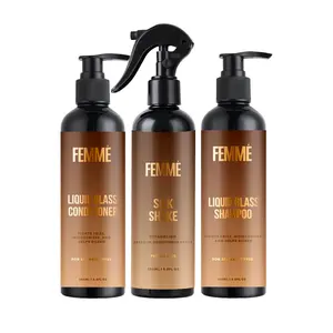 Wash Day Bundle - FEMMÉ Liquid Glass Shampoo -  FEMMÉ Liquid Glass Conditioner - FEMMÉ Silk Shake - Fights Frizz Moisturizes & Helps Silken - 320ml - For All Hair Types - Luxurious Formula for Radiant Shine