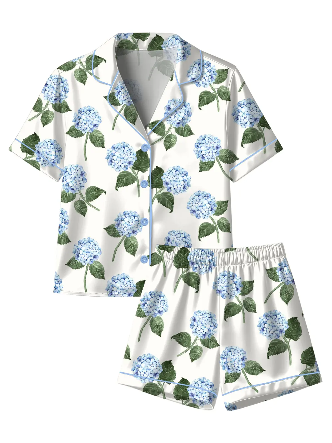 Women’s Hydrangea Bloom Blue Hydrangea Watercolor Flower Short Sleeve Satin Pajama Set, Long Sleeve Satin Pajama Set