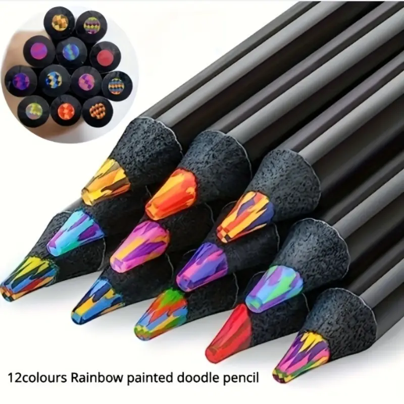 12-Color Black Wood Thick Barrel Gradient Rainbow Colored Pencils Set - Oil-Based Multicolor Core, Magic Gradient Effect, Dust-Free, Art Drawing Supplies