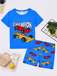 Boys' Short Sleeve Pajama Set, Sleepwear Pajamas, Cartoon Pattern Pajamas, Pyjamas Set, Cartoon Race Car Print, Casual Home Wear, Elastic Waist, H-Type Silhouette, 2-Piece