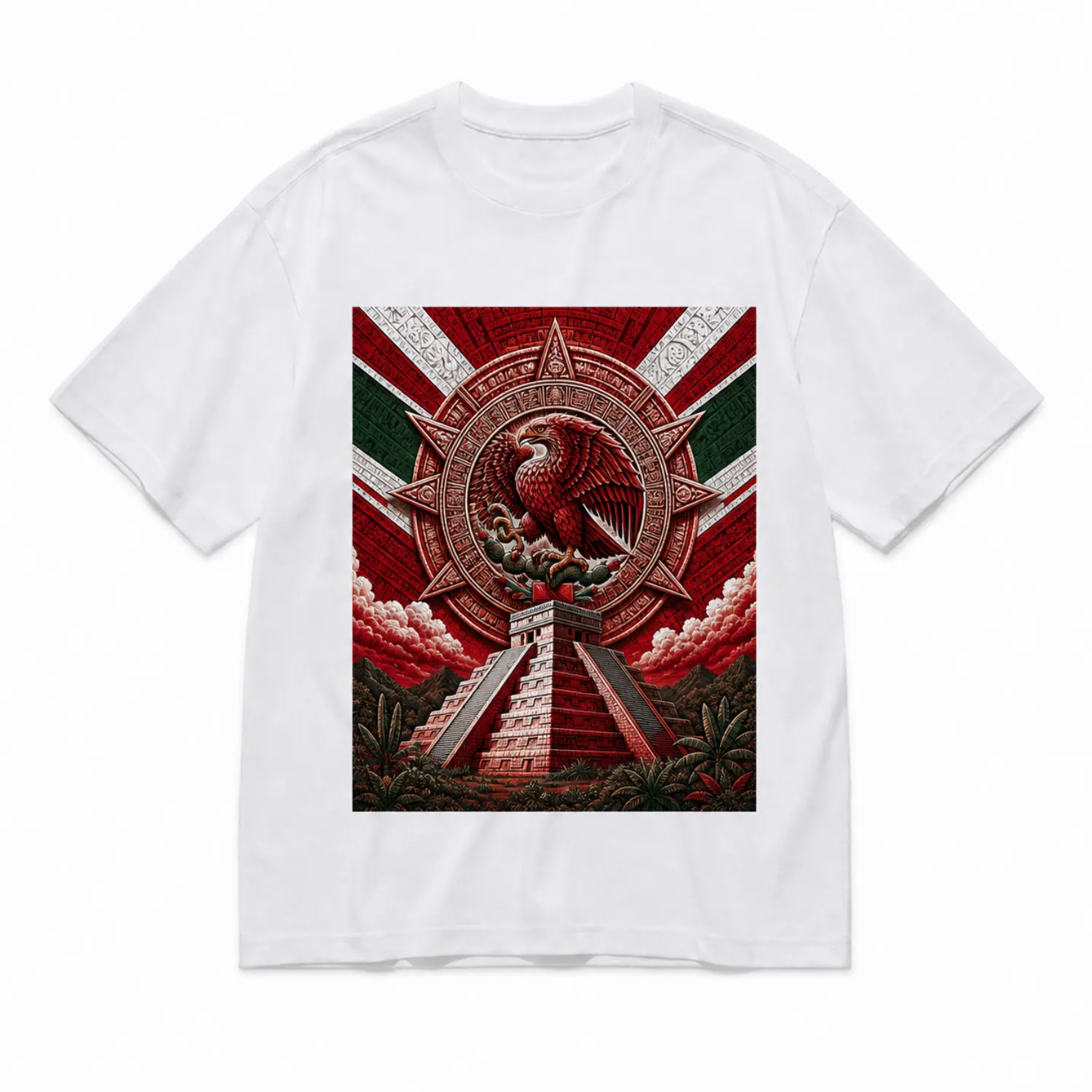 Unisex White Graphic T-Shirt with Aztec Pyramid and Eagle Design - Casual Crew Neck Summer Tee