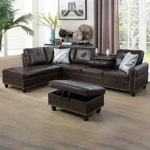 3-Piece Faux Leather Sofa Set, Modern Brown Sectional Couch, Living Room Furniture with Thick Cushions