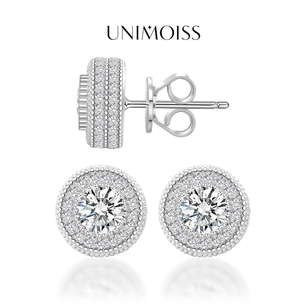 UniMoiss Round VVS Moissanite Hip Hop Iced Out Halo Stud Earrings Moissanite Jewelry Perfect Birthday Anniversary Gift for Women Men