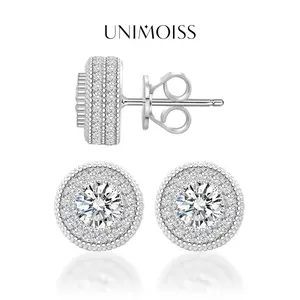 UniMoiss Round VVS Moissanite Hip Hop Iced Out Halo Stud Earrings Moissanite Jewelry Perfect Birthday Anniversary Gift for Women Accessories Men Studearrings