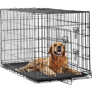 48 Inch Dog Crate Dog Kennel Cage with Double Door Folding Metal Wire Dog Cage with Removable Tray&Divider Panel for Large Dogs,Black Large Double-Door Dog Crate with Divider